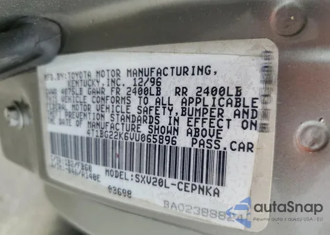 1997 Toyota Camry Ce z USA, uszkodzony, nr VIN 4T1BG22K6VU065896